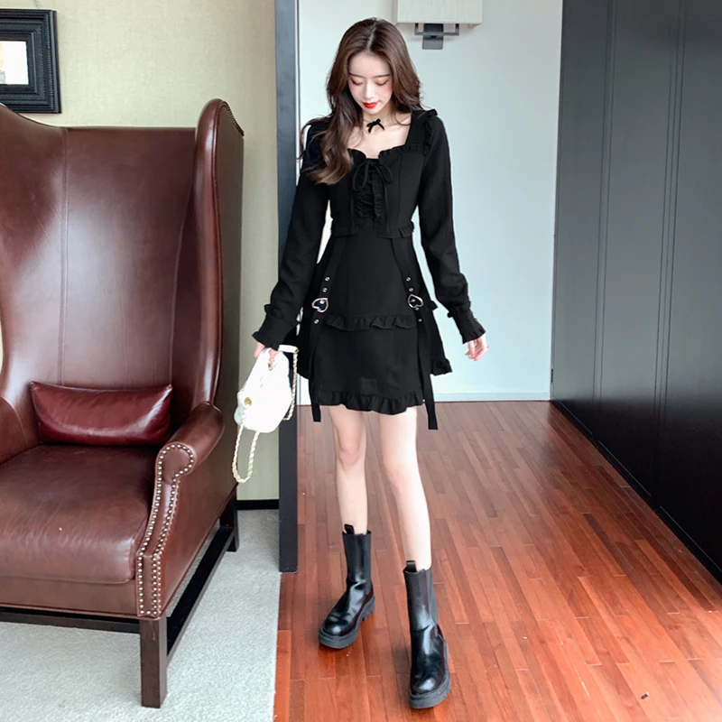 

COIGARSAM Fashion Ruffles Women one-piece dress korean New Spring High Waist Dresses Black 675