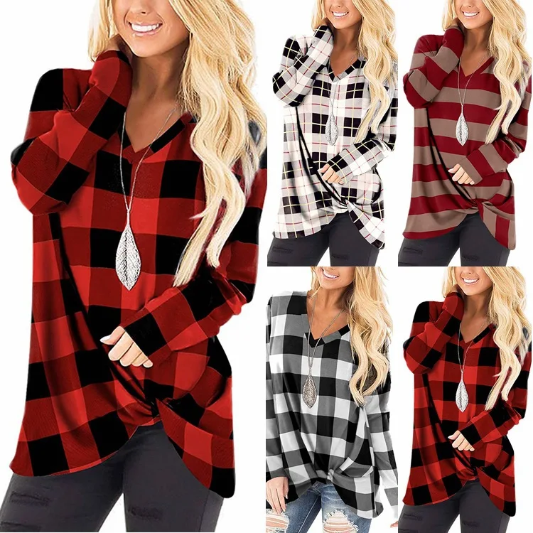 

2021 Women's Spring Long-Sleeved V-neck Women's Plaid Printed T-shirt Fashion Women's Top Plaid Clothes