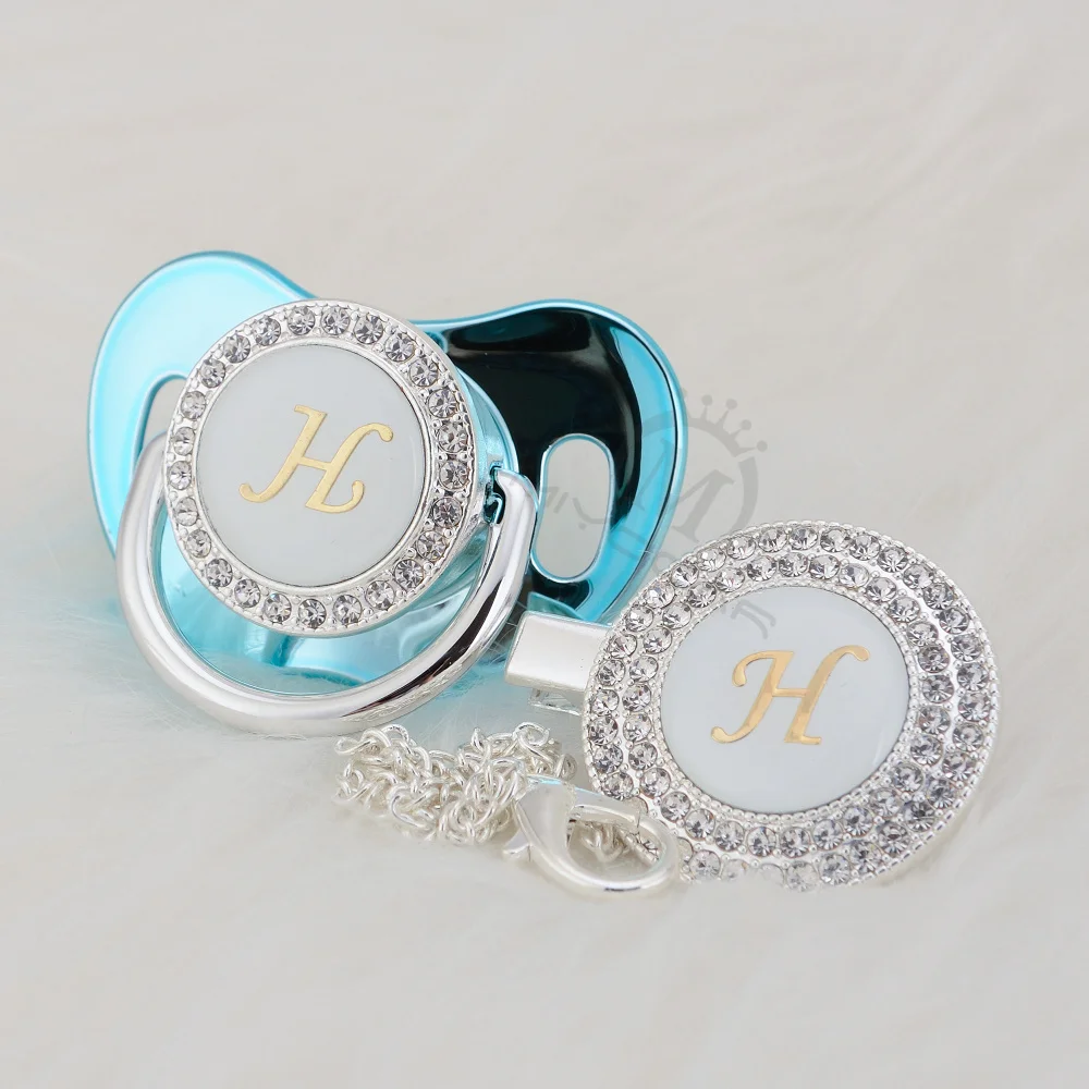

MIYOCAR silver Initials letter H bling pacifier and pacifier clip set unique BPA free dummy bling LH-1