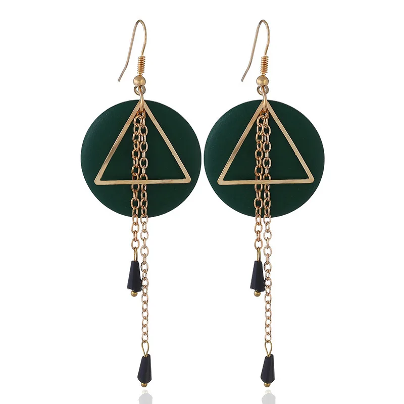 Модные новые стильные длинные серьги с круглым треугольником женские кисточками
