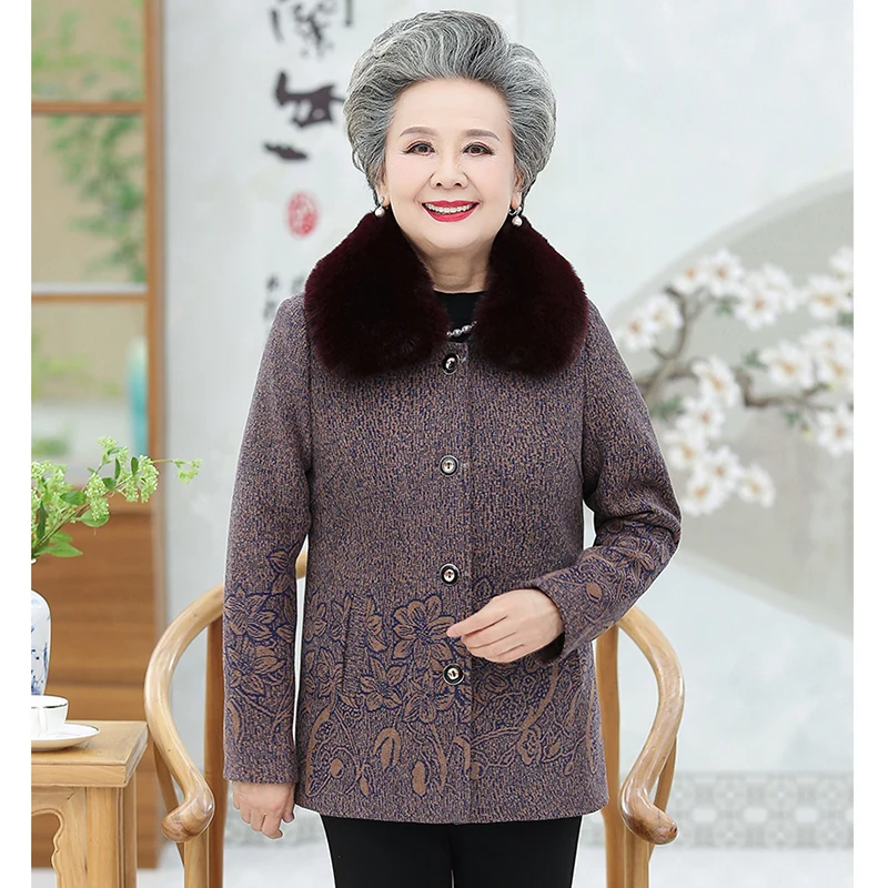 Женское зимнее бархатное теплое пальто для пожилых женщин с меховым воротником