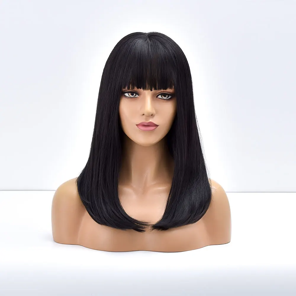 Длинные черные прямые парики с челкой для чернобелых женщин термостойкие волосы
