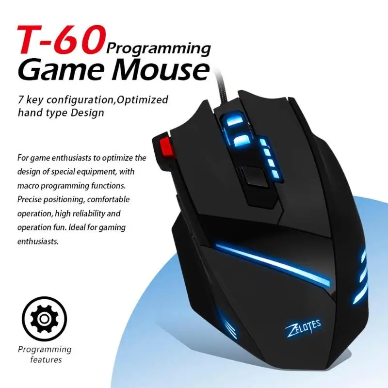 ZELOTES T-60 программируемая Проводная игровая мышь USB 7200 dpi 7 кнопок светодиодный оптическая компьютерная геймерская мышь для ноутбуков настольных ПК мыши