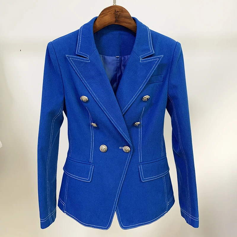 HIGH QUALITY New Fashion 2021 Designer Jacket Women's Top Stitching Contrast Lion Buttons Double Breasted Denim Blazer | Женская