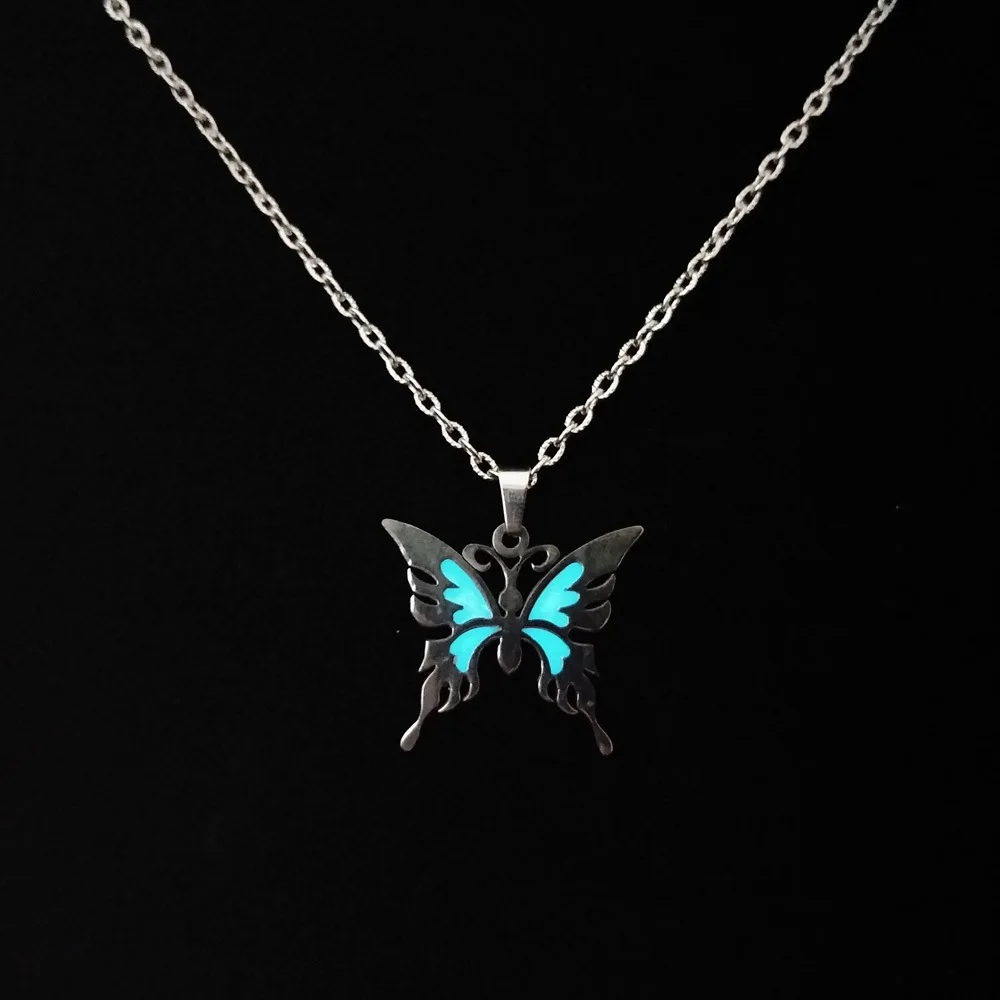Punk Luminous Butterfly Pendant Necklace For Women Men Stainless Steel Necklace Glowing in Dark Long Chain Choker Jewelry Gift