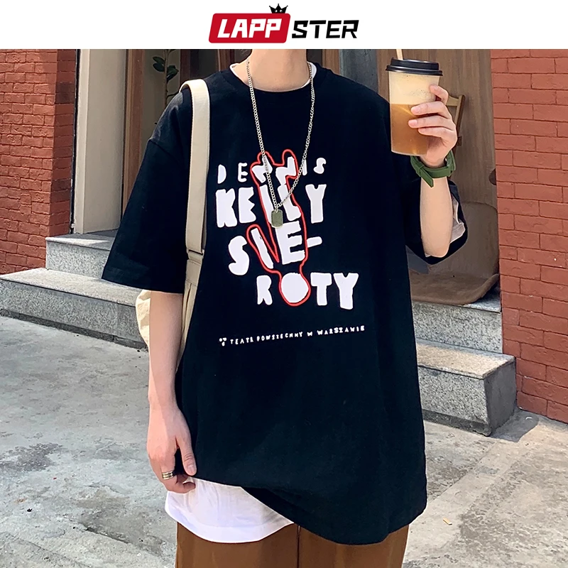 

LAPPSTER Men Harajuku Kawaii Oversized T Shirts 2022 Summer Mens Korean Fashions Graphic T-shirts Male Japanese Streetwear Tops
