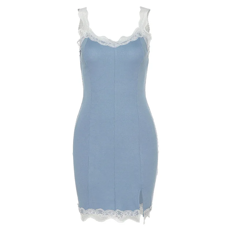

Sexy Lace V-neck Spaghetti Strap Dresses Camisole Party Mini Slit Bodycon Dress Sweet Elegant Style Slim Blue Dresses Summer
