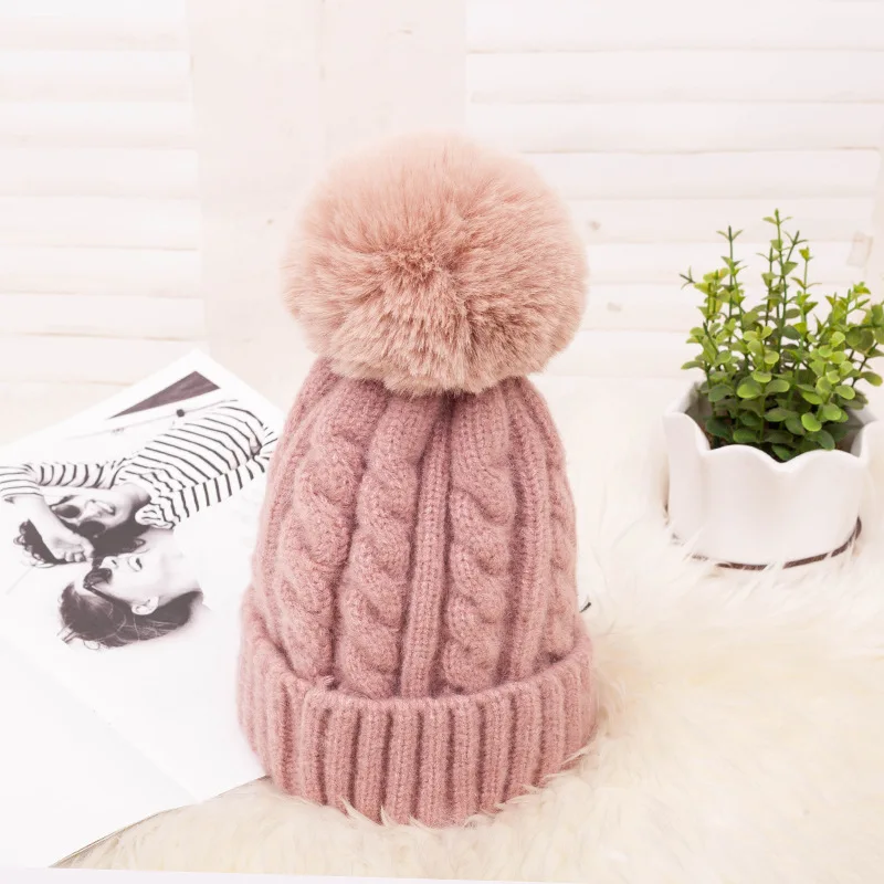 

Fashion Knitted Winter Hat Striped Women's Winter Hats 2022 Pink Fur Pompom Wool Beanies Thick Skullies Cap Faux Pom pom Hat