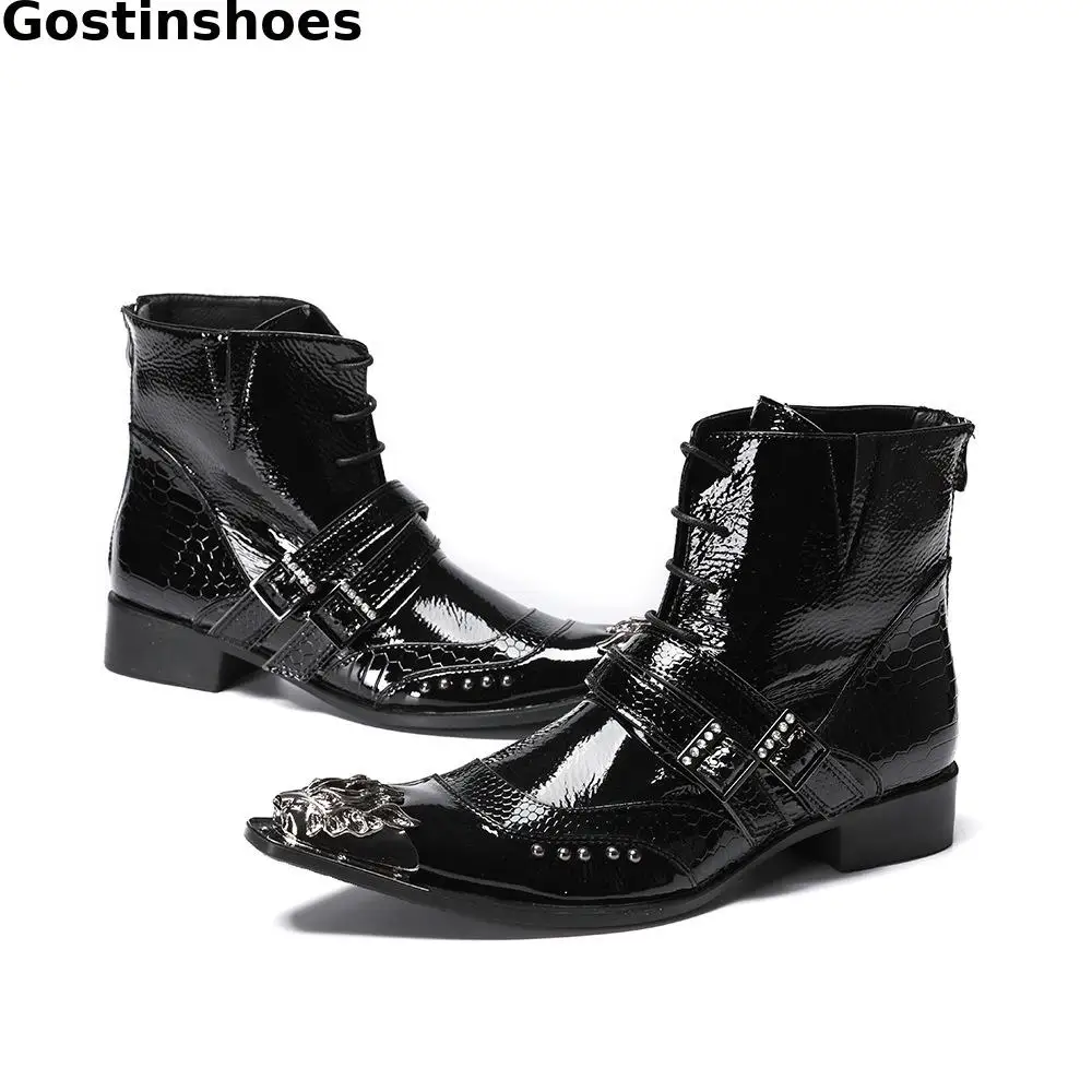 Мужские ботинки с пряжкой на ремешке цвет черный натуральная кожа заостренный