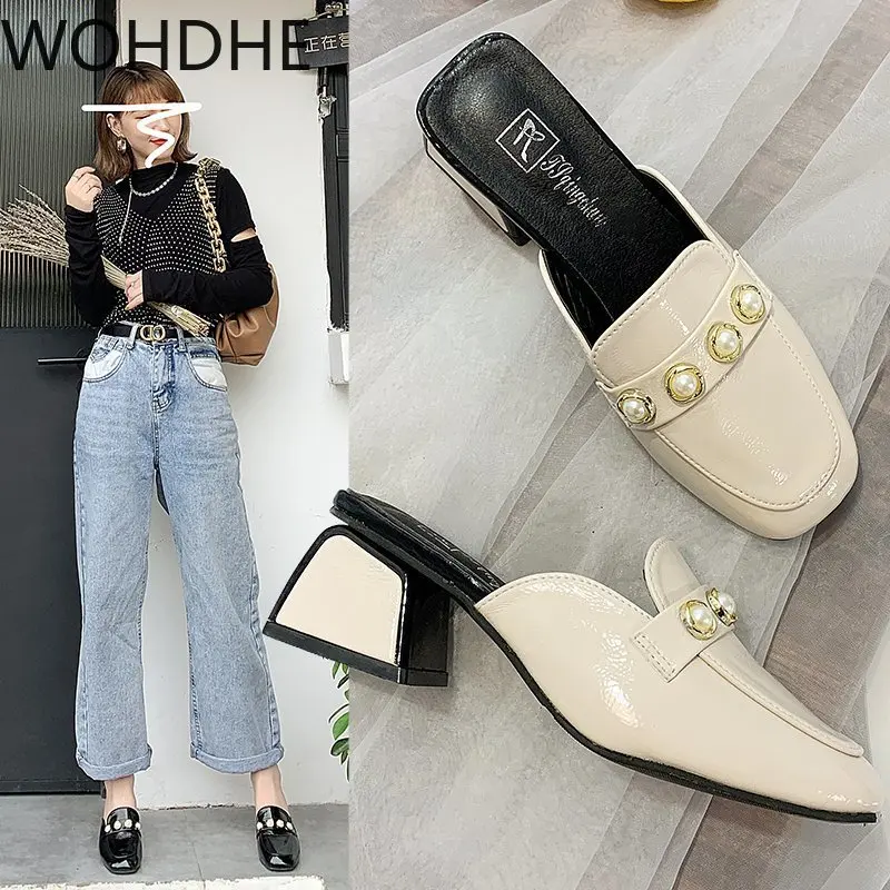 

Женские полутапочки, Новинка лета 2021, стильные модные туфли на толстом каблуке, сандалии с жемчугом, шлепанцы на устойчивом высоком каблуке ...