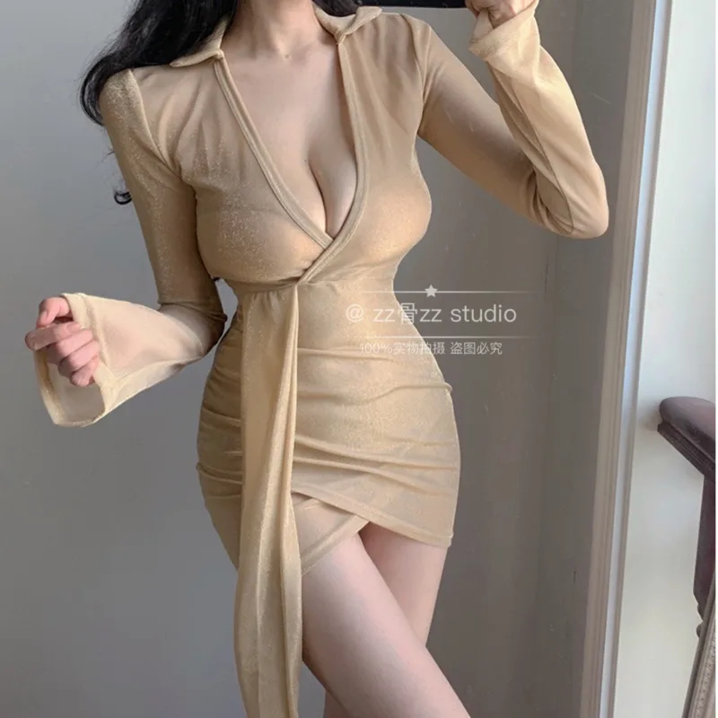 

Мини-платье женское с V-образным вырезом, высокой талией и поясом