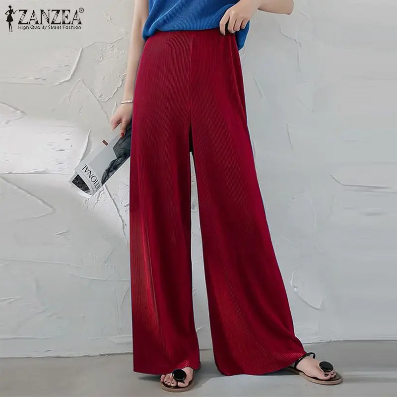 

ZANZEA Women Wide Leg Trousers Elastic Waist Long Pantalon Female Solid Turnip Casual ELegant Pleated Pants Palazzo Oversized
