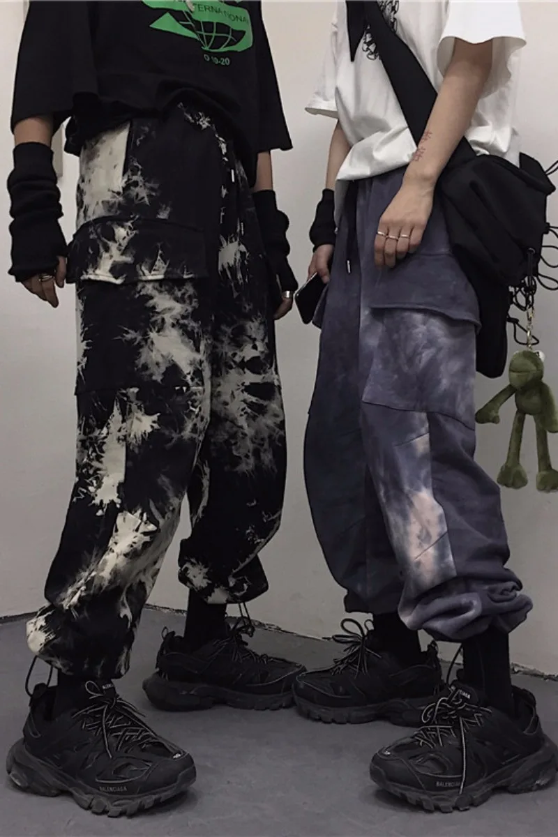 

ZCSMLL Korean street hip-hop vintage tie-dye pants big pockets with loose feet loose pants overalls for men and women