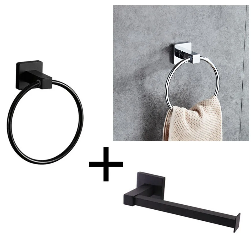 

1Set Stainless Steel Wall Mounted Toilet Roll Holder&Towel Ring Placing Cloths Black For Bathroom Storage Accessories