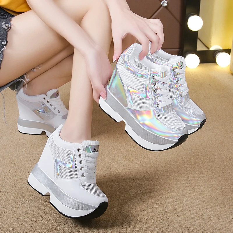 

Cross Women's Shoes Increas Height Clogs Platform Casual Female Sneakers Round Toe Creepers Small Summer Breathable White PU Lac