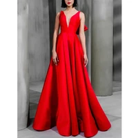 vestidos de noche ruby red celebrity evening dresses 2022 v neck backless satin long prom party gowns with bow robe soir%c3%a9e femme