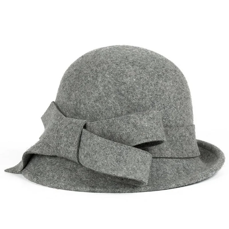 

New100% Wool Europe England Fall Winter Women's Fedora Caps Vintage Sun Hats For Woman Lady Wide Brim Wool Felt Bowknot Hat