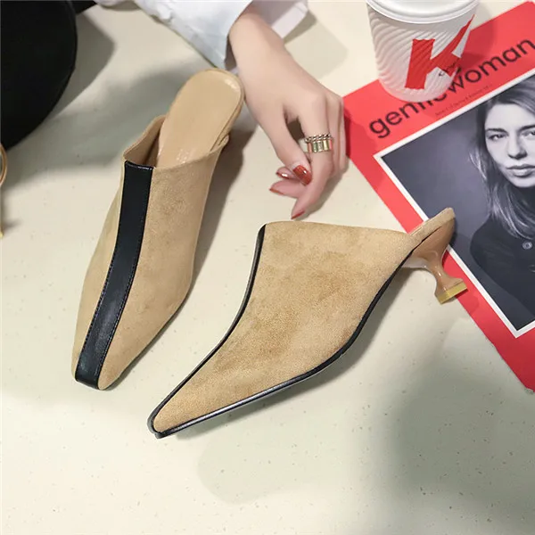 woman mules footwear transparet heel Square Toe soft Strange Style Med Crystal leather black couple warm Sweet - Цвет: 1