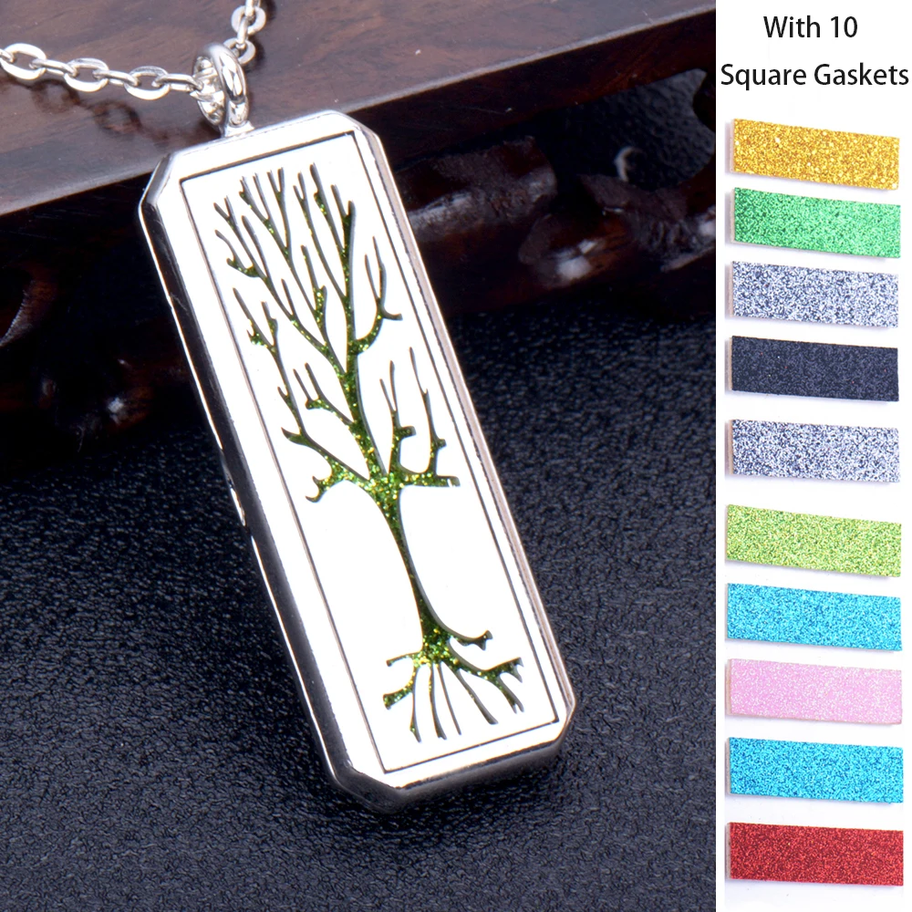 

Stainless Steel Tree of Life Vintage Aromatherapy Necklace Essential Oil Diffuser Open Square Locket Pendant With 10 Gaskets