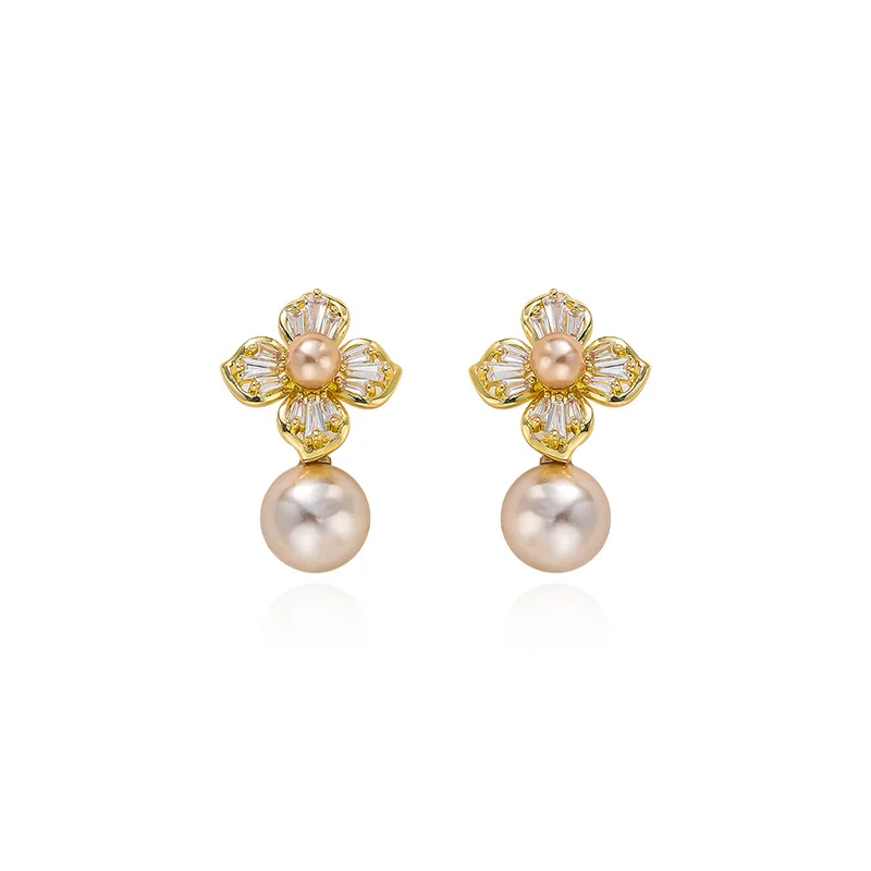

CH-1536 S925 silver needle zircon flower pearl earrings earrings temperament wild earrings high-end French earrings women