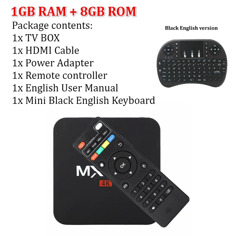 T tv BOX MX Pro 4K Android tv Box IP tv Android 7,1 OS 1GB 8GB RK3229 4K 2,4 GHz wifi четырехъядерный Smart tv Box медиаплеер - Цвет: 1G Black EU Keyboard