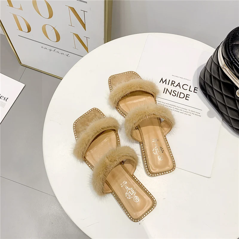 2020 модные плюшевые пляжные женские летние сандалии тапочки на плоской подошве из