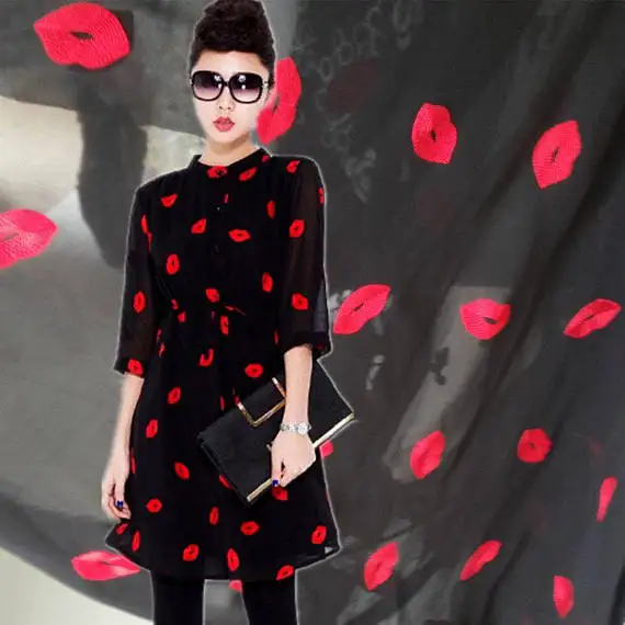 

Chiffon Red Lip Embroidery Fabric For Dress Skirt By The Meter