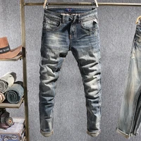italian style fashion men jeans retro blue elastic slim ripped jeans men distressed scratch vintage designer casual denim pants