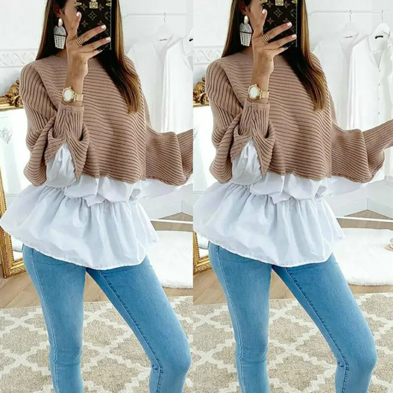 Fashion Womens Long Sleeve Pullover Casual Blouse Loose Baggy Shirt Tops Sweater Knitted Warm Winter Patchwork Soft Clothes | Женская