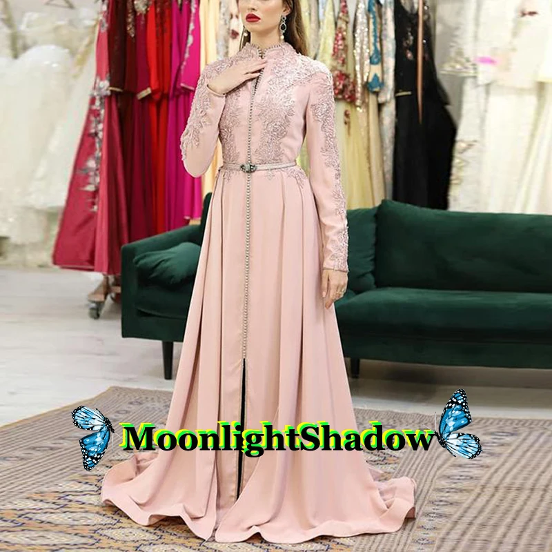 

Pink Satin Beads Aline Evening Dress Appliques Moroccan Kaftan Dubai Arabic Saudi Arabian Vestidos De Festa Wedding Party