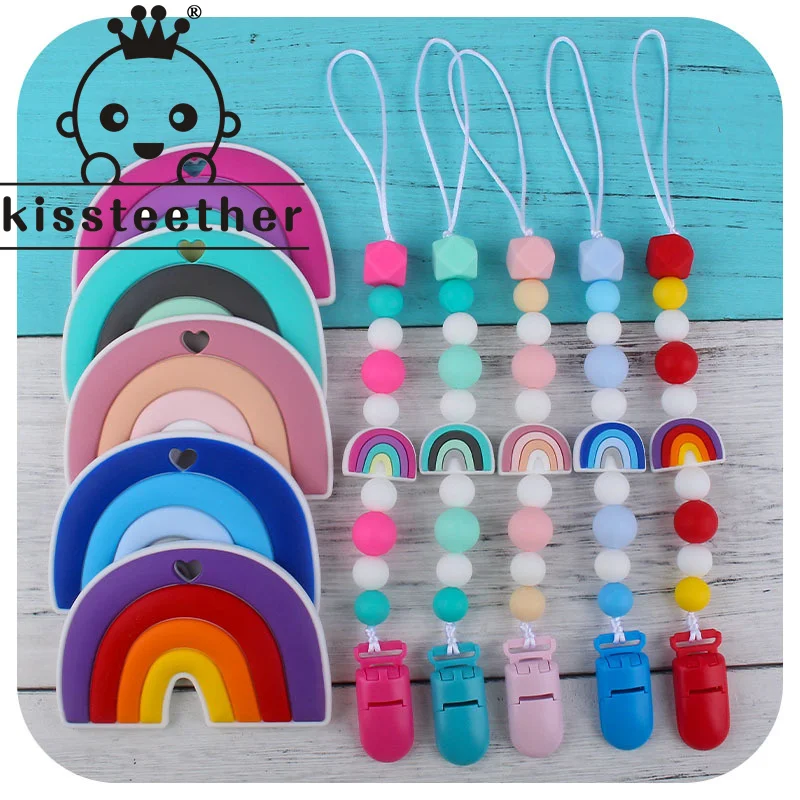 Kissteether-mordedor para beb&eacute;, juego de cadena con Clip de chupete sin BPA, mordedor de silicona de grado alimenticio, arco&iacute;ris, juguete Molar para beb&eacute;, producto antica&iacute;da-0
