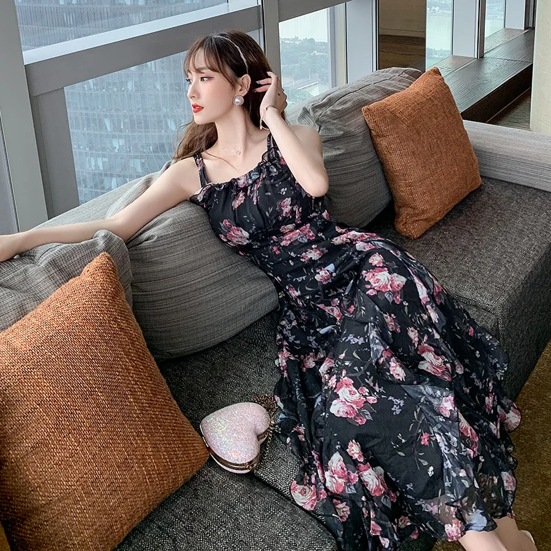 

Design Sense Niche Print A-Line Dress Female 2021 Summer New Women Product Temperament Ladies Slim Suspender Dress Female