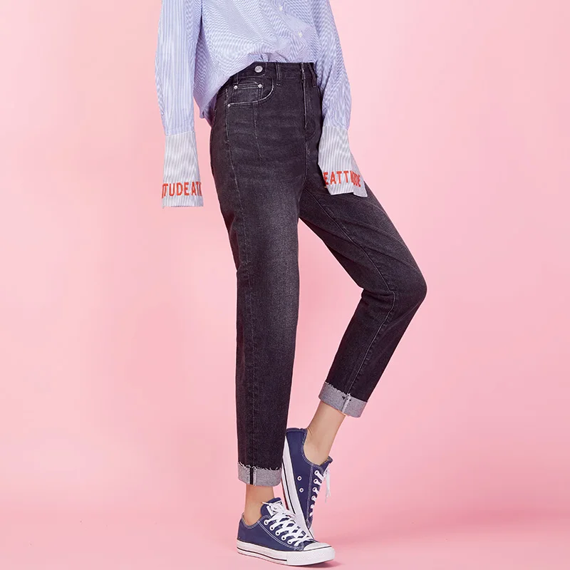 LEIJIJEANS, новинка, большой размер, женские черные шаровары с высокой талией, брюки с манжетами, крутые, крутые, модные, женские джинсы, 9028