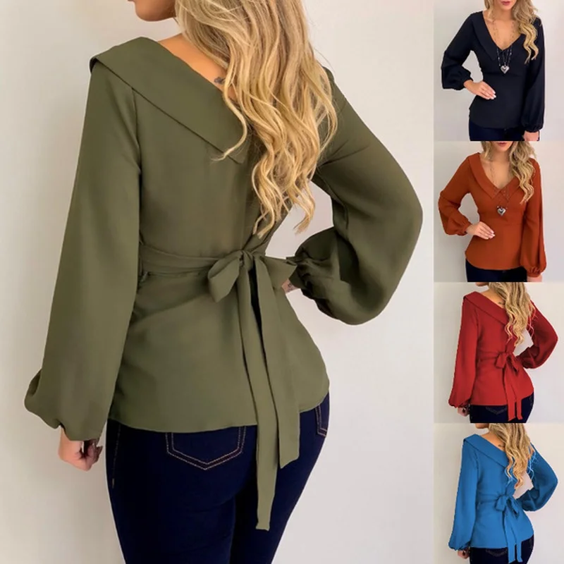 

Chiffon Blouse Women Fashion Flare Long Sleeve Back Bownot V Neck Slim Fit Casual Pullover Elegant Female Pullovers Tops
