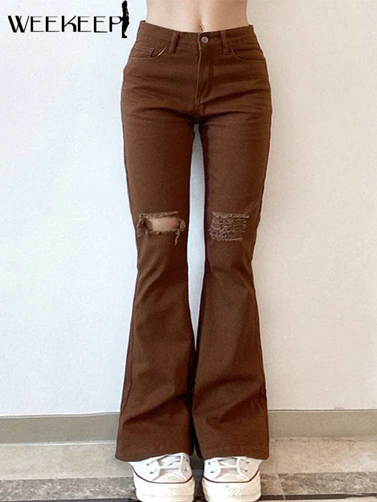

Weekeep 100% Cotton Brown Ripped Jeans Women High Waist Casual Flare Jeans Summer Vintage Streetwear Cut Out Pants New Harajuku