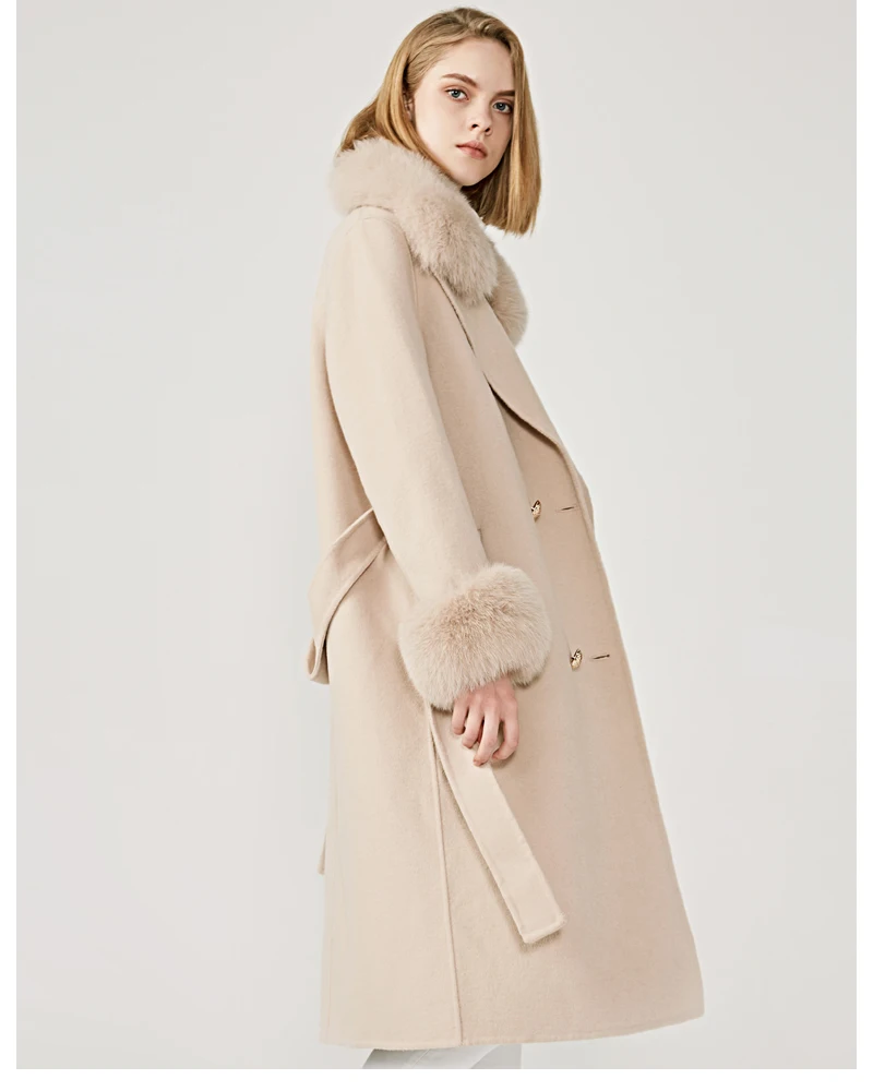 Женское шерстяное пальто, весеннее пальто с воротником из натурального Лисьего меха, шерстяная куртка с регулируемой талией, тонкое женское длинное пальто
