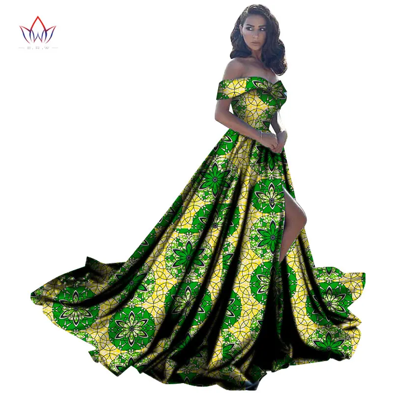 Bintarealwax Summer African Dresses for Women Bazin Off shoulder Party Dress Dashiki  Elegant Long Dress for Female WY2734