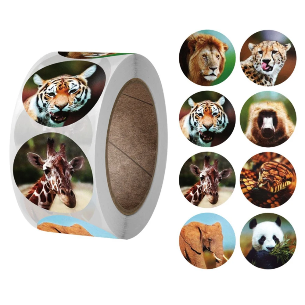 Zoo Animal Type Decorative Circle Stickers Roll 500pcs/roll DIY Labels Cartoon Roll Stickers For Kids Toy sticker School Teacher