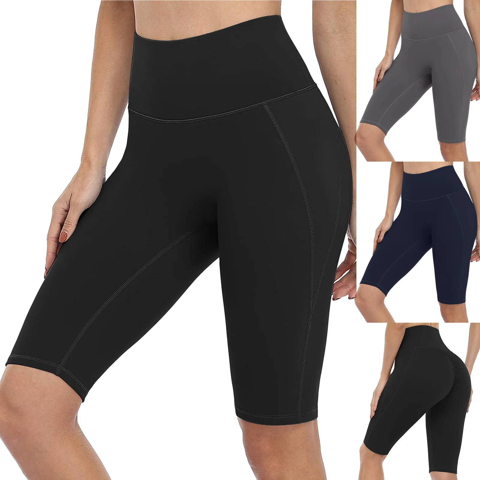 

Solid Yoga Pants High Waist Five Point Leggins Hip Lifting Tight Sports Tights With Pocket Jogging Running Fitness Trousers A50