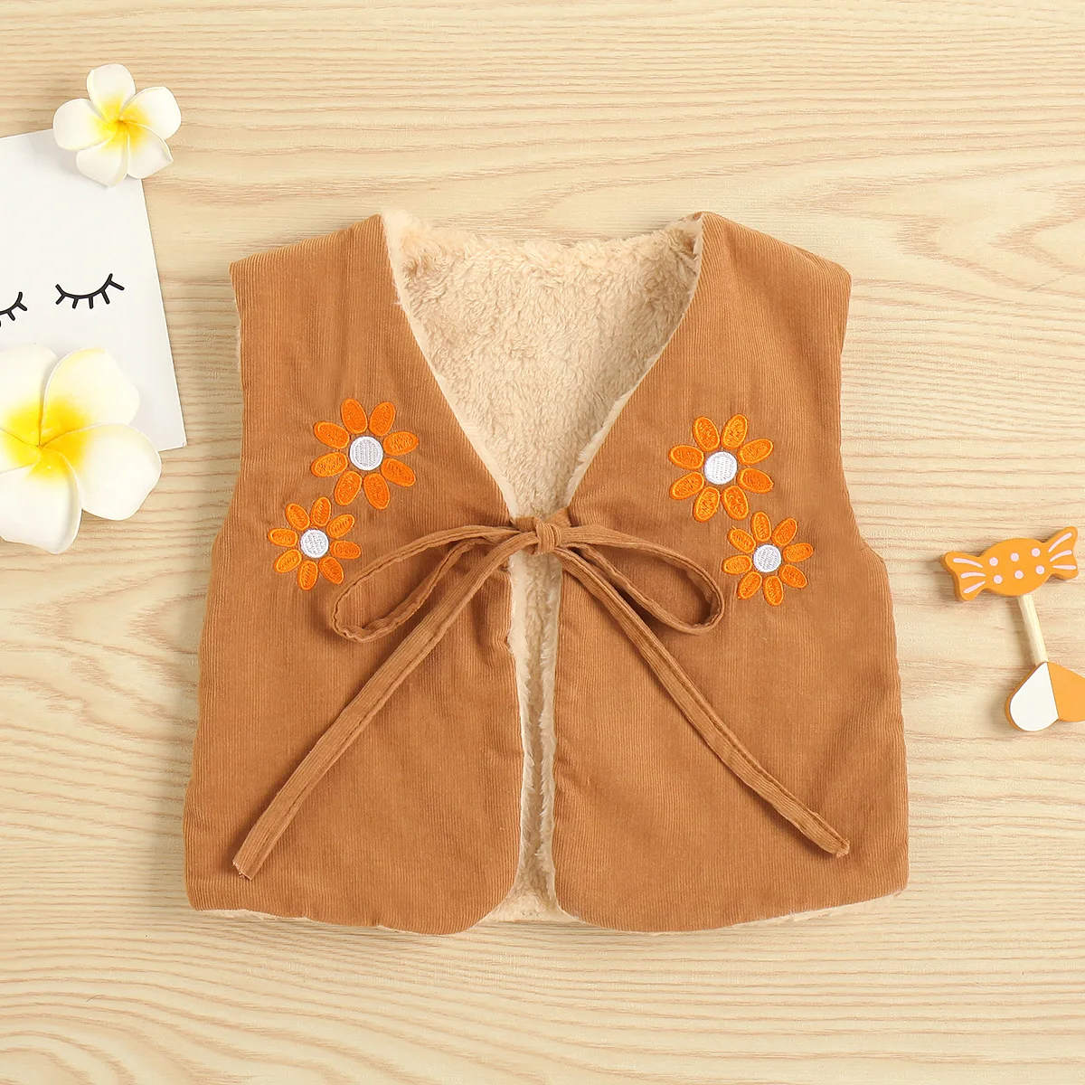 Baby Girls Boys Faux Fur Sleeveless Waistcoat Floral Embroidery Pattern Tie-up Vest