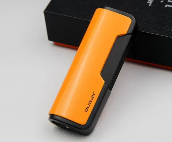 Yellow JiFeng Бутановая Зажигалка для сигарет, 1 струйный фонарь, зажигалка для пламени, металлическая многоразовая Зажигалка для сигар, Подарочная коробка, инструмент для курения на открытом воздухе - Цвет: Yellow