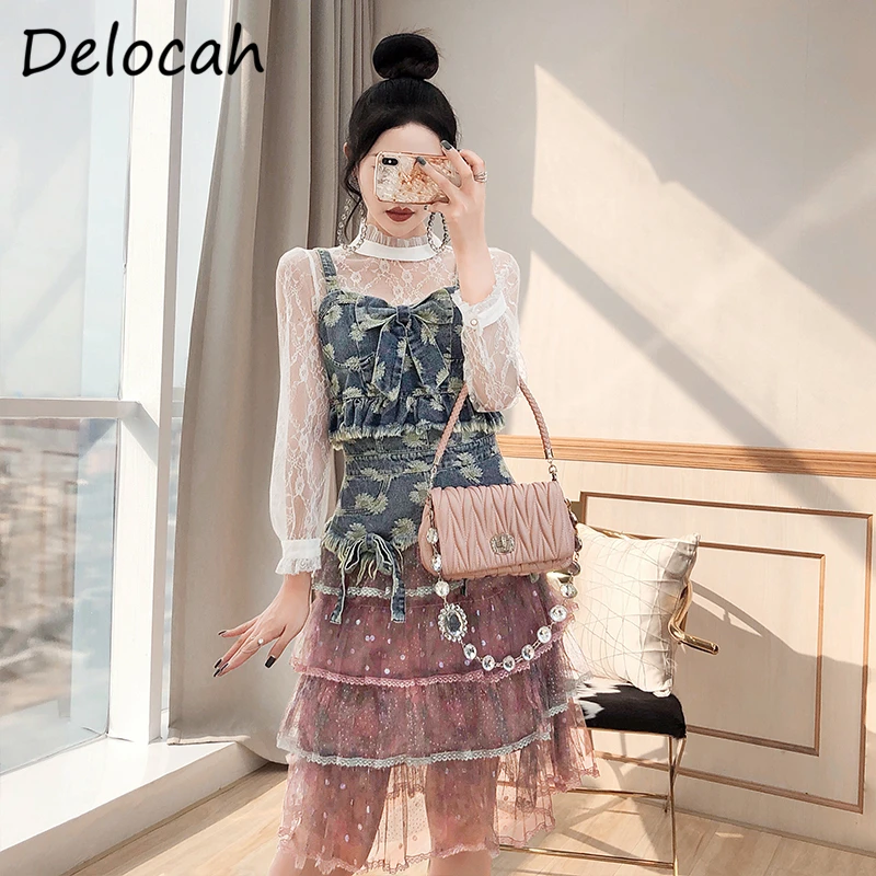 

Delocah/Новинка 2021 года; Осенний женский модный дизайнерский комплект с юбкой; Жилет с бантом + кружевные топы с длинными рукавами + юбка трапеци...