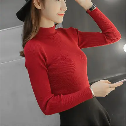 red C Ohclothing2019европейский зимний женский свитер с полувысоким воротником, тонкая белая рубашка, свитер с рукавами, тонкий женский свитер с коротким рукавом - Цвет: red C