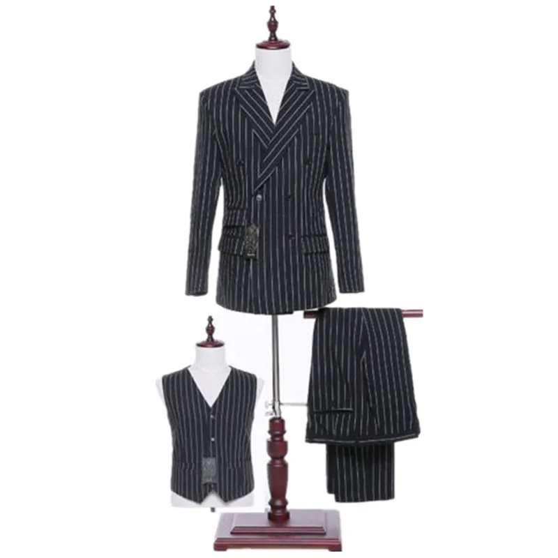 Черный в полоску и клетку для мужчин мужской костюм смокинг жениха деловой