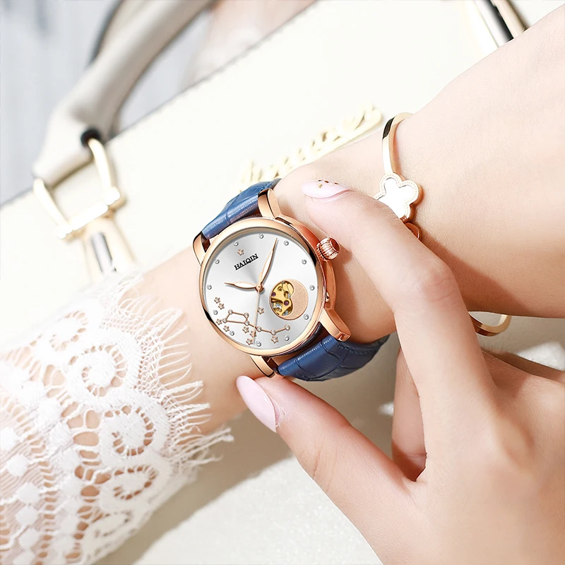 Женские автоматические механические часы HAIQIN модные из стальной сетки