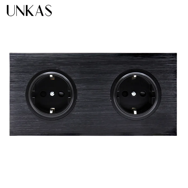 UNKAS роскошный черный Алюминий Панель 16A двойной ЕС Стандартный стены Мощность розетка заземлен с ребенка защитный замок