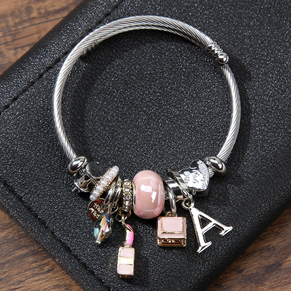 

Stainless Steel Letter A Pendant Bracelet Vintage Rhinestone Drop Bracelets Geometric Opening Adjustable Crystal for Girl Boy