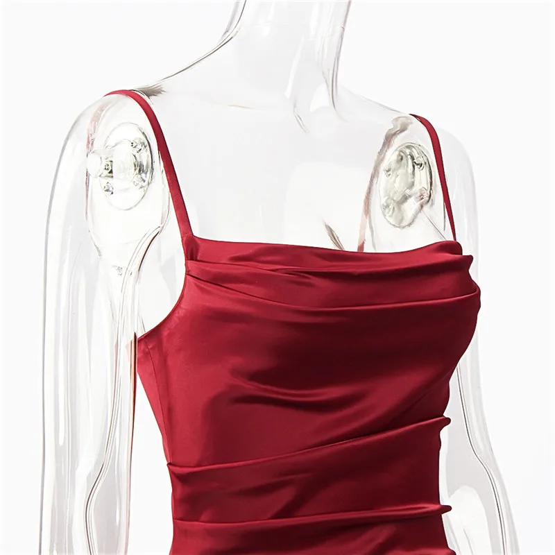 

ISAROSE Women Silk Party Dress Wine Red Slim Spaghetti Strap High Waist Back Zipper Summer Sexy Bodycon Dresses Drop Shipping