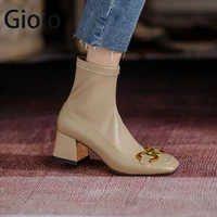 square head high heels ankle boots leather metal decoration shoes woman working basic boots 2021 autumn new fashion women