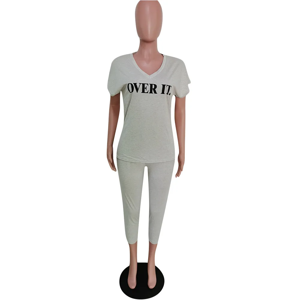 

New fashion casual solid color printing sports suit loose o-neck short sleeve T-shirt and pants women's two-piece set